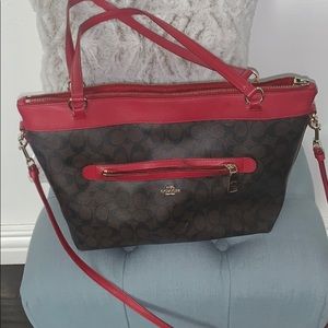 Coach tote brown w/red trim